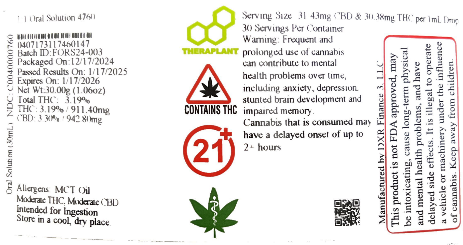 Medical-1:1 Oral Solution 4760- 31.43mg CBD / 30.38mg THC per 1mL Drop - Image 2