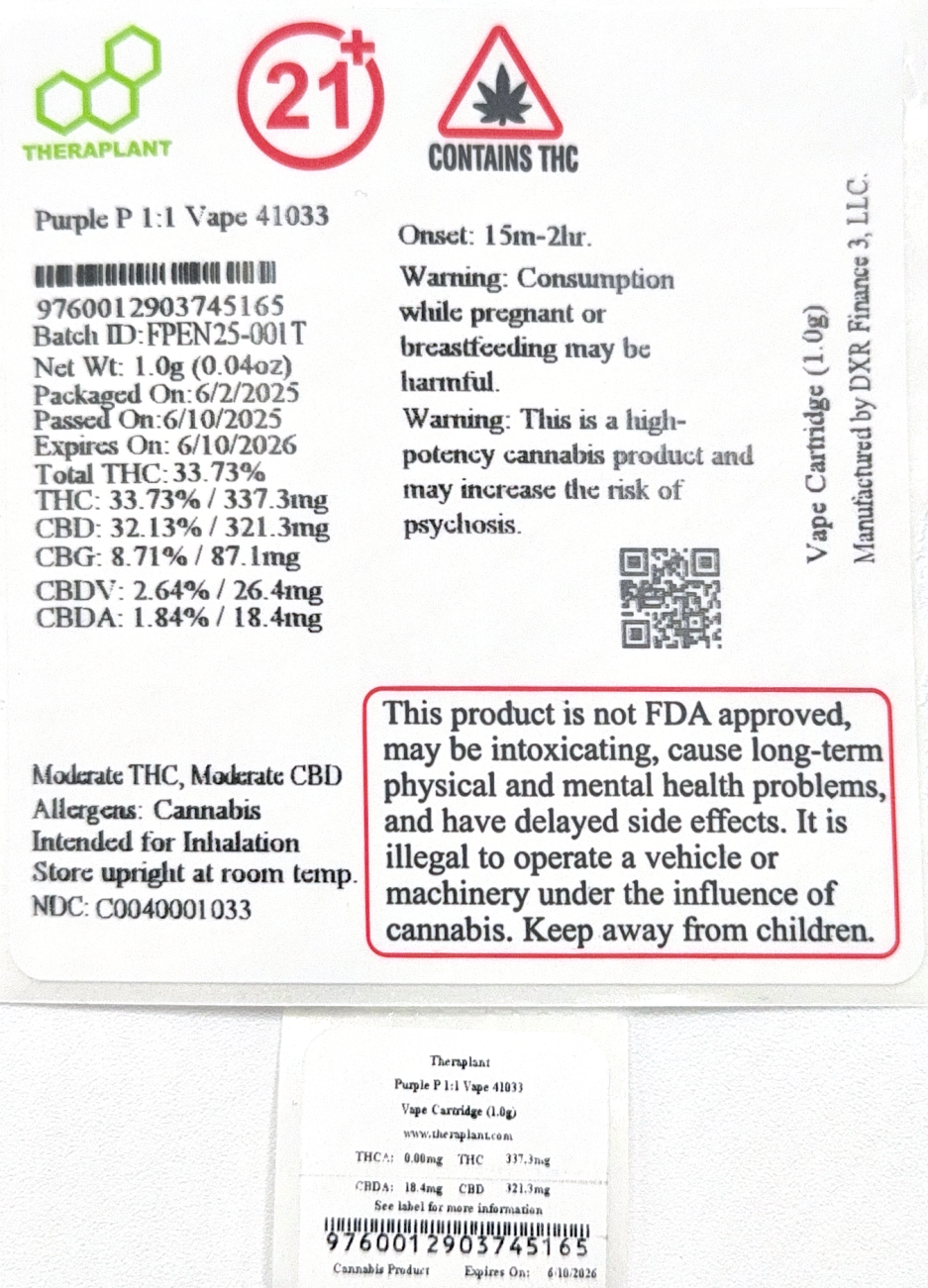 Purple P 1:1 Vape 41033- 33.73% THC/ 32.13% CBD - Image 2