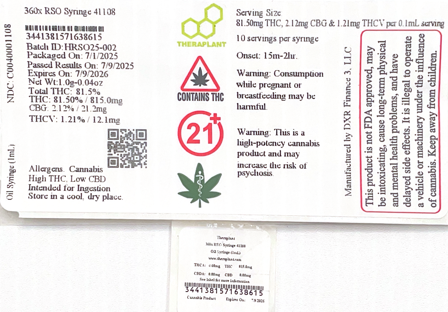 Medical- 360x RSO Syringe 41108- 81.50mg THC per 0.1mL - Image 2