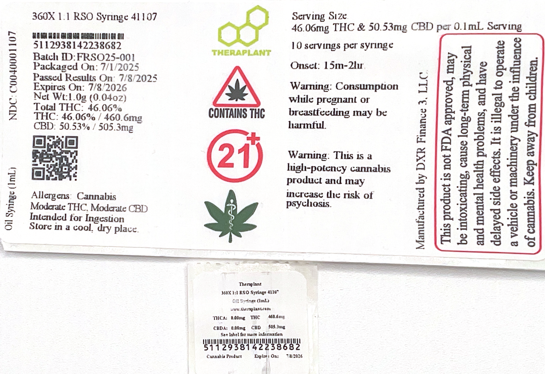 Medical-360X 1:1 RSO Syringe 41107- 46.06mg THC/50.53 CBD per 0.1mL - Image 2