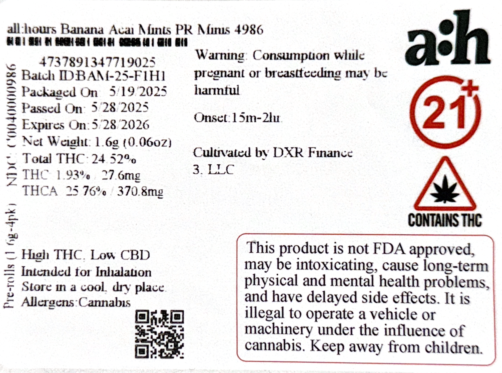 all:hours Banana Acai Mints PR Minis 4986- 24.52% THC - Image 2