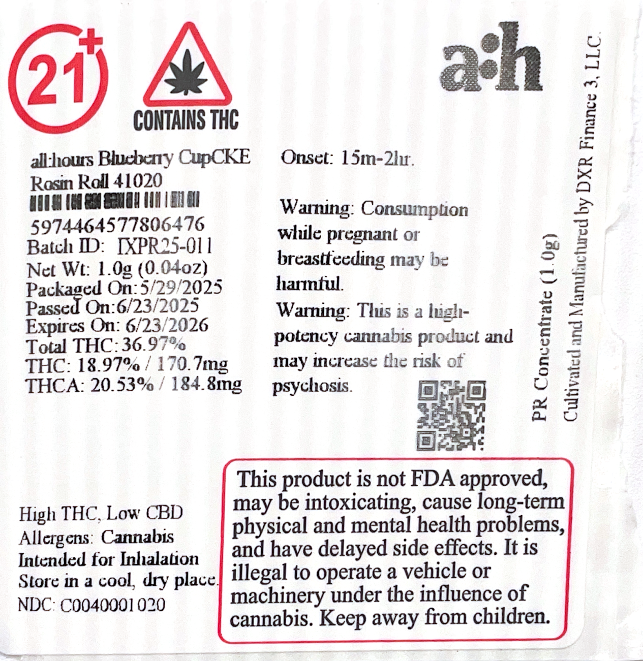 all:hours Blueberry CupCKE Rosin Roll 41020- 36.97% THC - Image 2